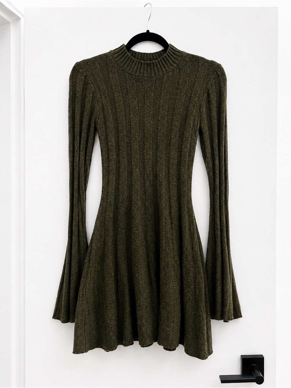 Current Mood Olive Ribbed Fit-and-Flare Long-Sleeve Dress